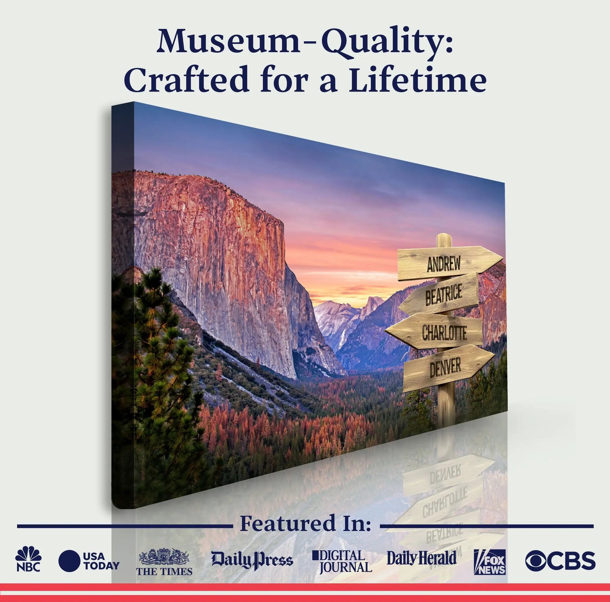 Canvas Yosemite Sunset Family Names Sign with arrow markers on canyon landscape on Tampa Home & Garden Store