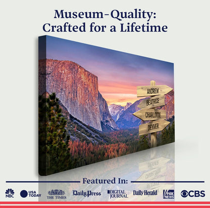Canvas Yosemite Sunset Family Names Sign with arrow markers on canyon landscape on Tampa Home & Garden Store