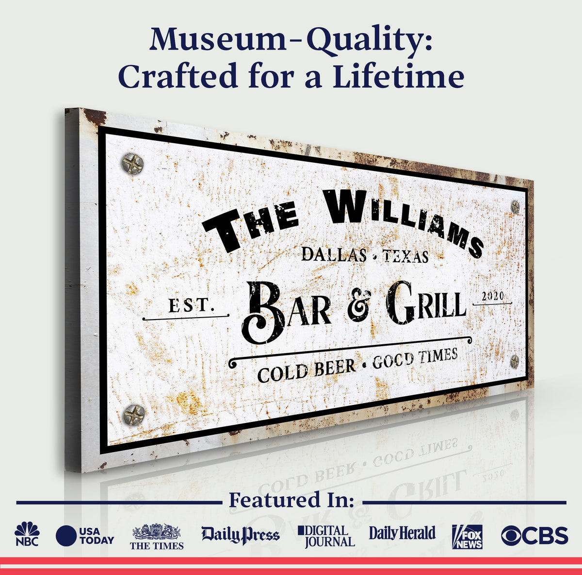Bar and Grill Sign VIII canvas by Tailored Canvases with rustic rust-streaked white finish on Tampa Home & Garden Store