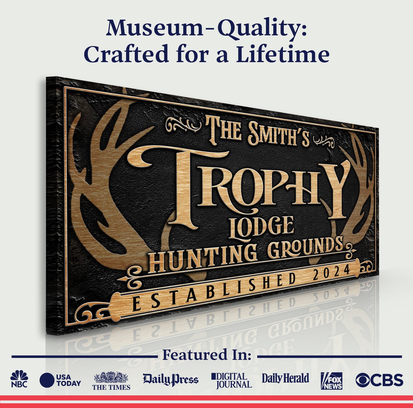 Personalized Family Antler Sign III canvas with rustic antler motif and gold lettering on Tampa Home & Garden Store