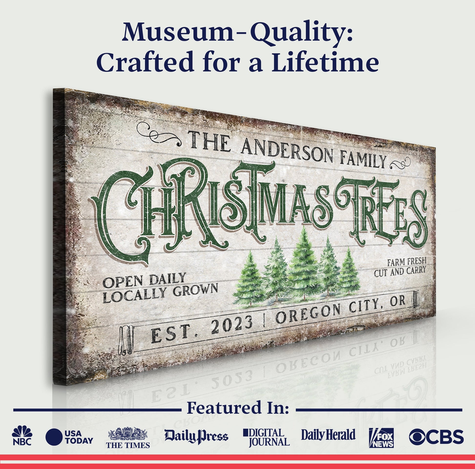 Family Christmas Tree Farm Sign IV canvas by Tailored Canvases with rustic vintage look on Tampa Home & Garden Store