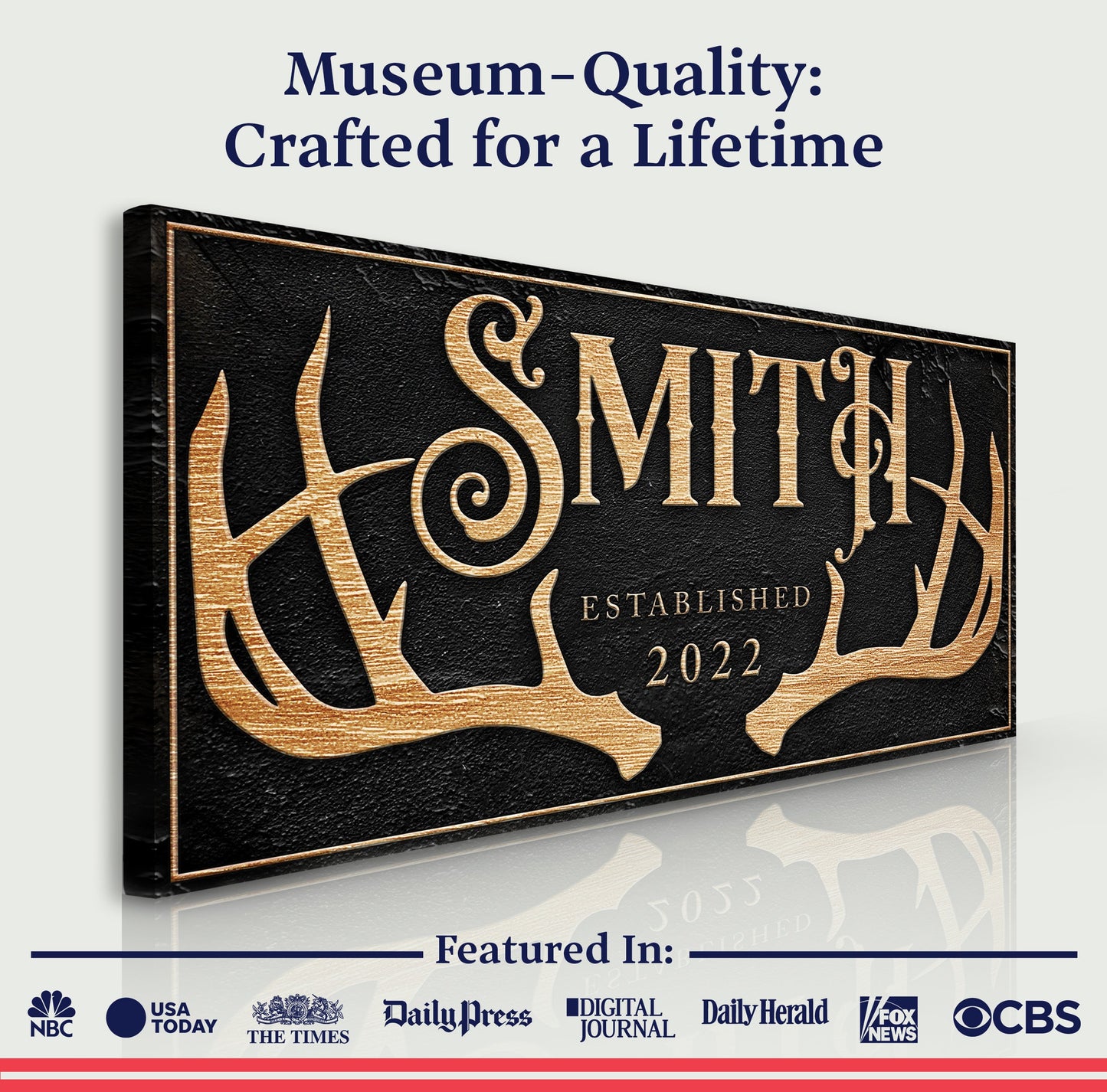 Personalized Family Antler Sign canvas with gold-foil lettering on black textured surface on Tampa Home & Garden Store