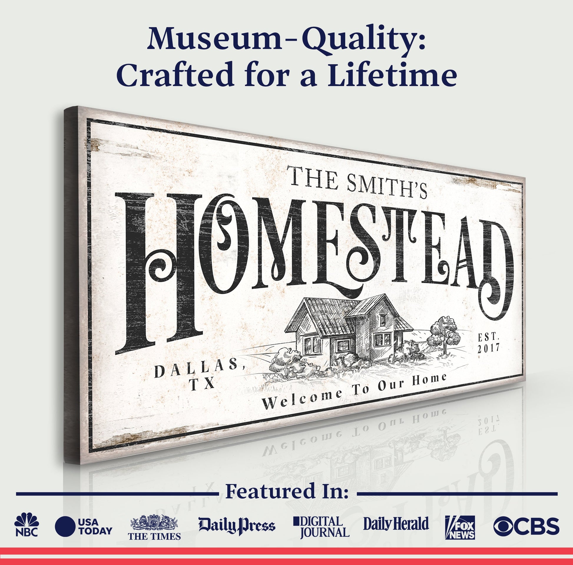 Vintage Homestead Sign II canvas by Tailored Canvases featuring distressed rural sign art on Tampa Home & Garden Store