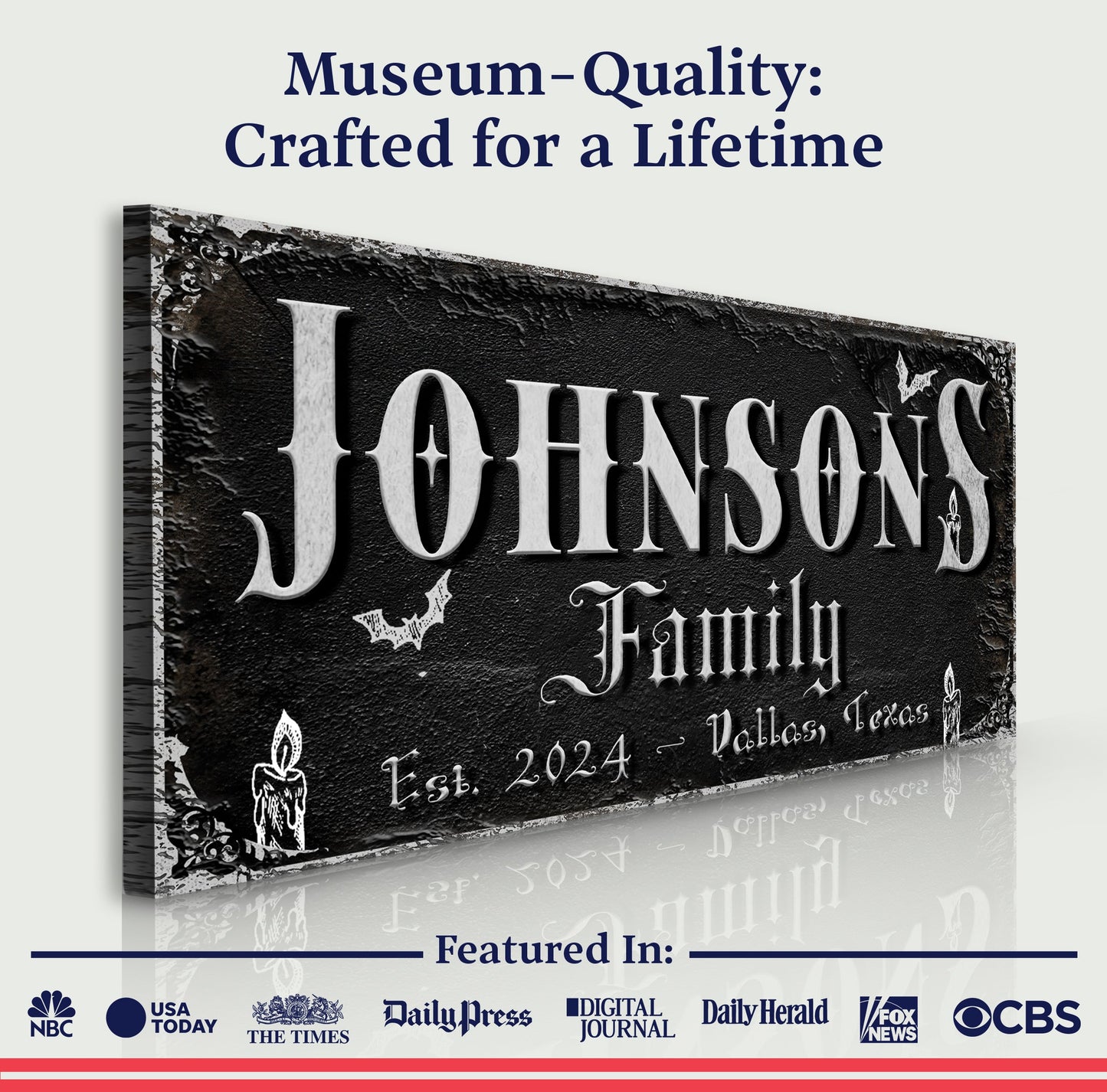 Personalized Gothic Sign V canvas with black textured background and white gothic text on Tampa Home & Garden Store