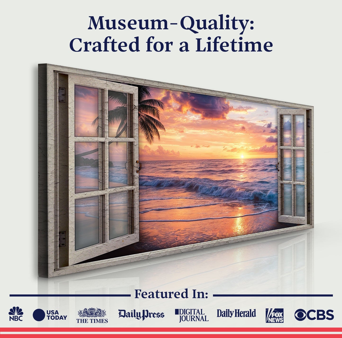 Canvas Sunset Beach Window Scenery Wall Art by Tailored Canvases, multi-panel cracked frame on Tampa Home & Garden Store