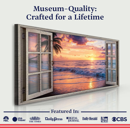 Canvas Sunset Beach Window Scenery Wall Art by Tailored Canvases, multi-panel cracked frame on Tampa Home & Garden Store