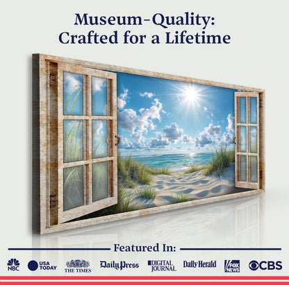 Canvas Morning Beach Window Scenery Wall Art with rustic window-frame panels and beach scene on Tampa Home & Garden Store