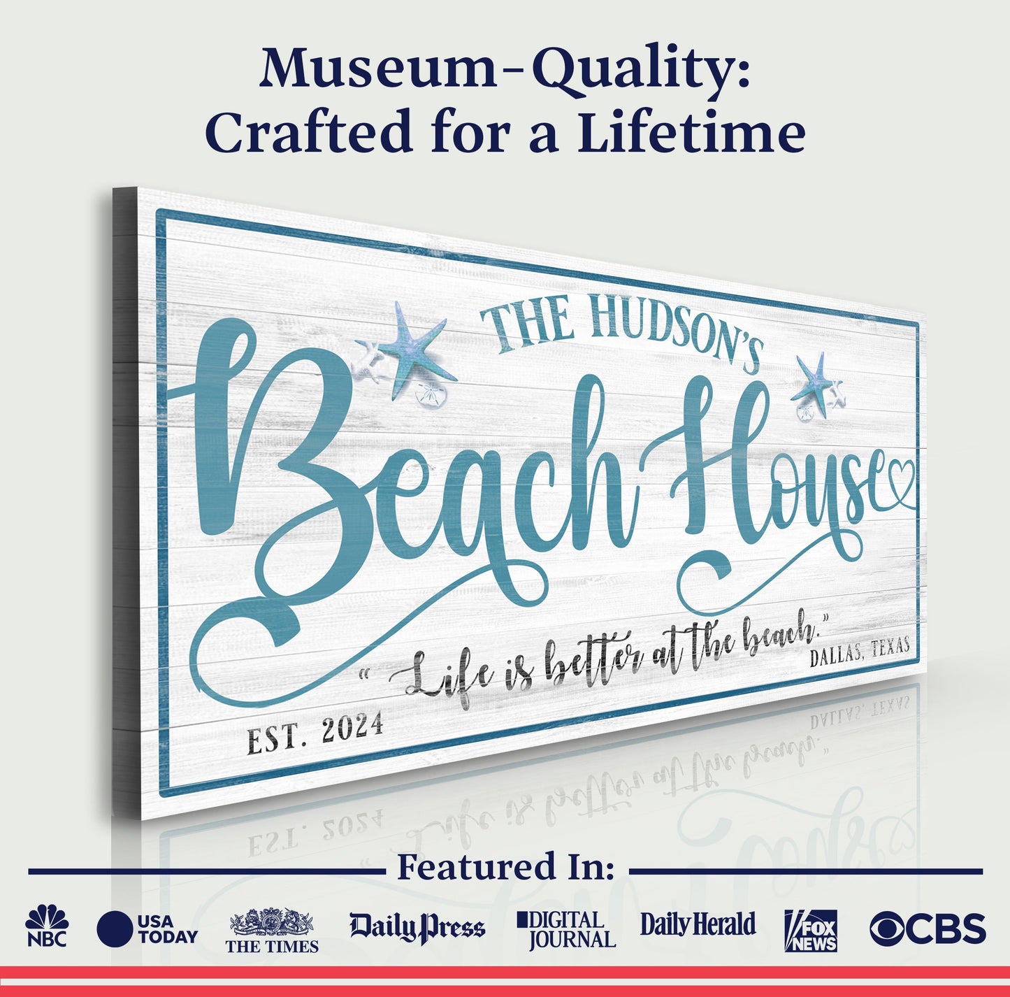Personalized Beach House Sign II canvas with blue teal calligraphy on whitewashed wood plank background on Tampa Home & Garden Store