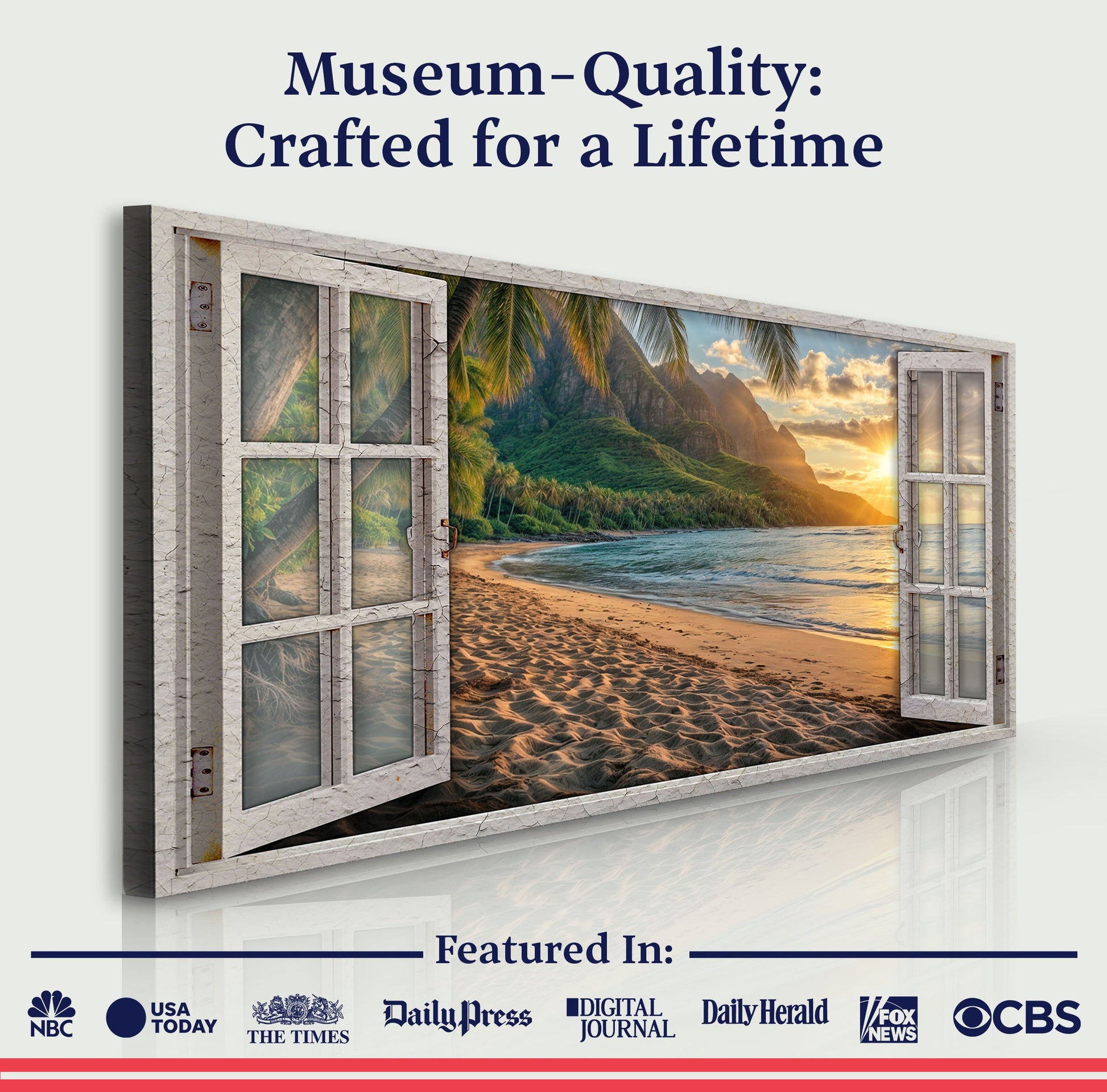 Beachfront Dreams Window Scenery Wall Art canvas in a window frame with tropical beach on Tampa Home & Garden Store