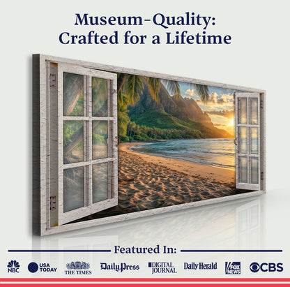 Beachfront Dreams Window Scenery Wall Art canvas in a window frame with tropical beach on Tampa Home & Garden Store