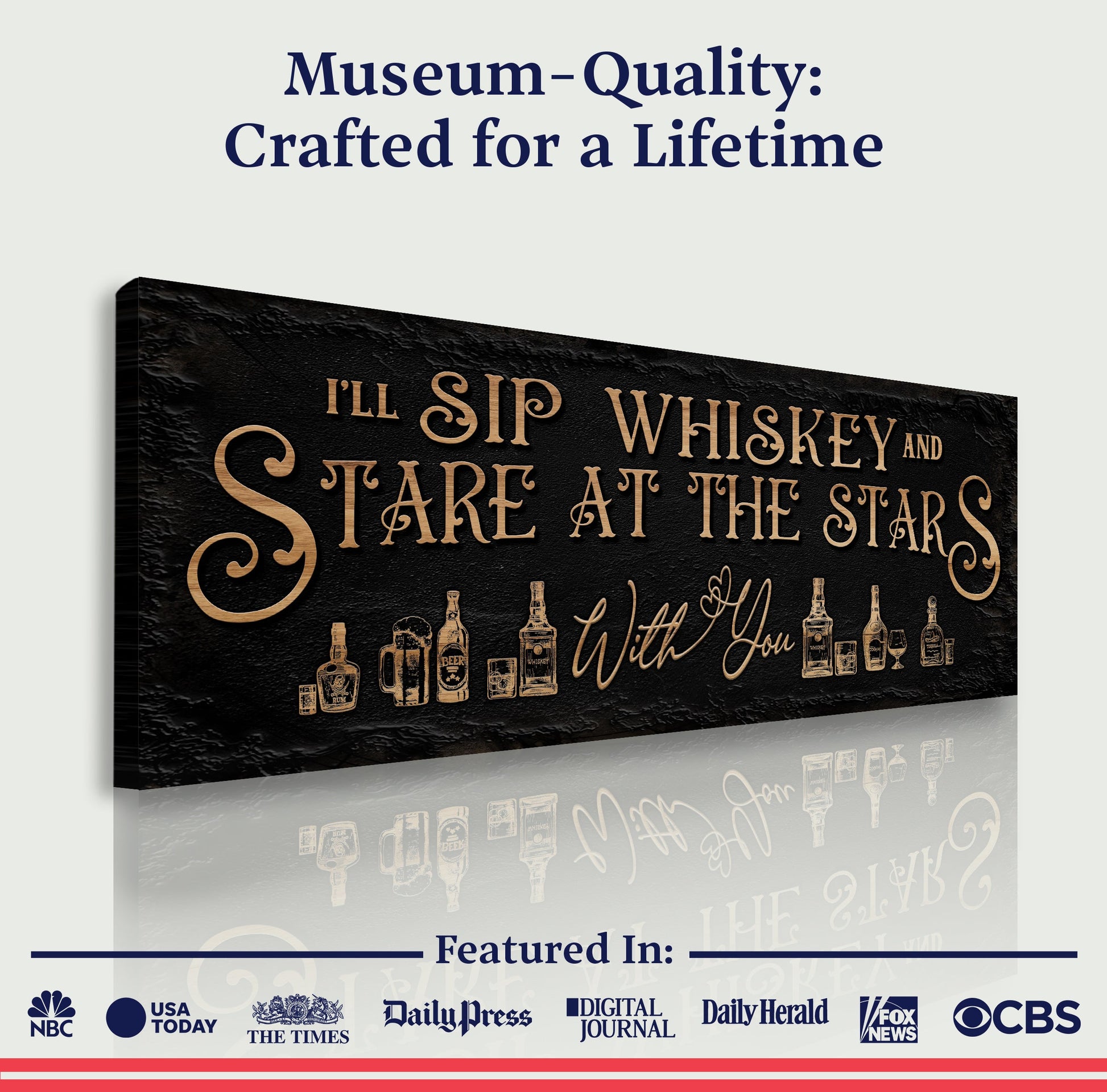 Tailored Canvases canvas sign I'll Sip Whiskey and Stare at Stars copper letters on black canvas on Tampa Home & Garden Store