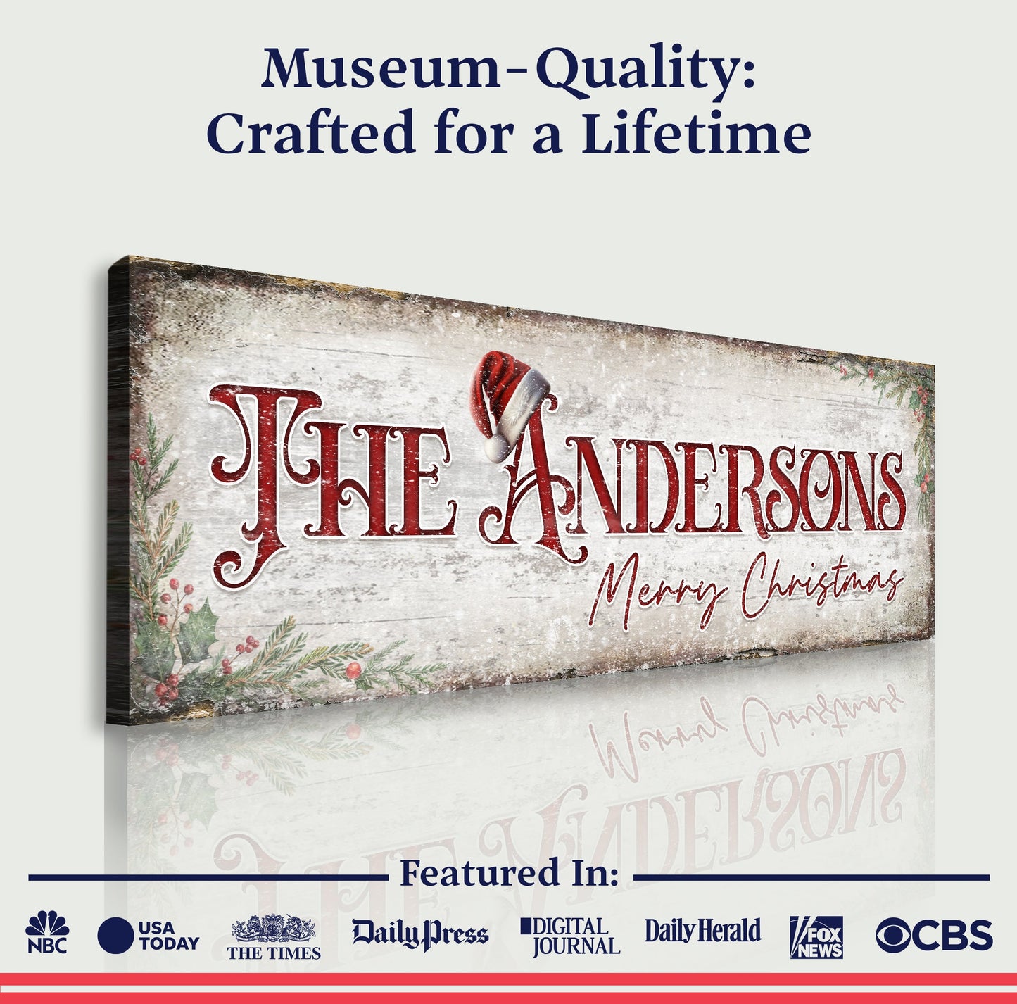 Christmas Family Name Sign II canvas by Tailored Canvases in holiday red-script design on Tampa Home & Garden Store