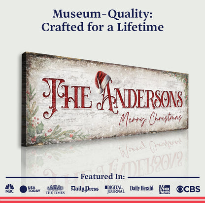 Christmas Family Name Sign II canvas by Tailored Canvases in holiday red-script design on Tampa Home & Garden Store