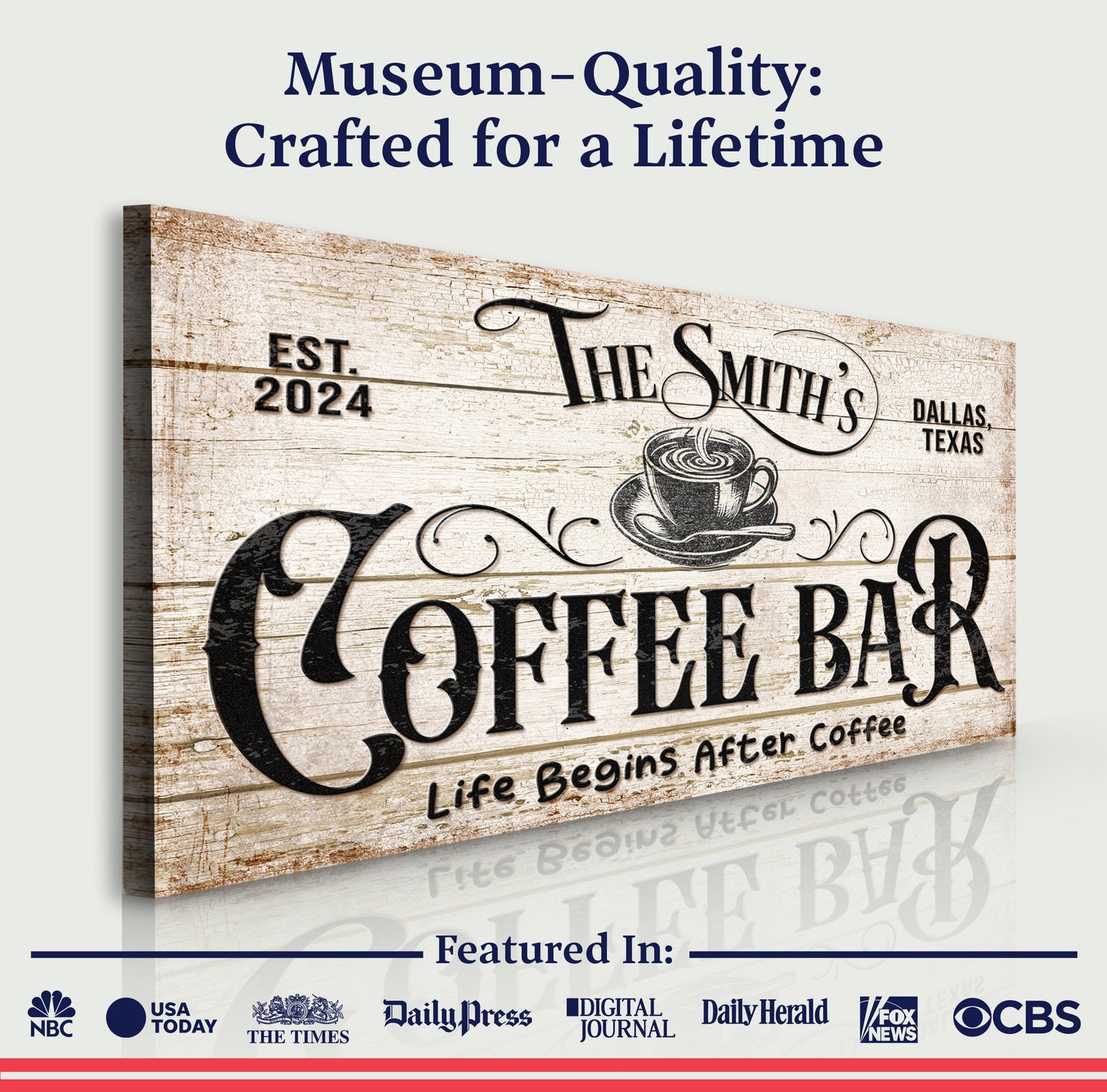 Personalized Coffee Bar Sign IV canvas by Tailored Canvases with rustic wood finish on Tampa Home & Garden Store