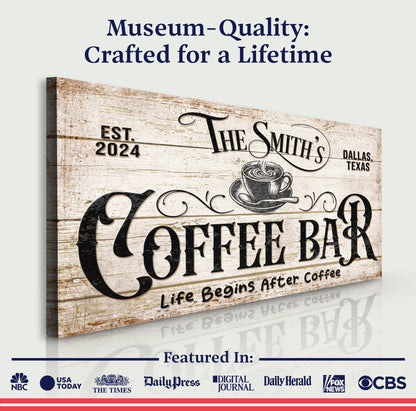 Personalized Coffee Bar Sign IV canvas by Tailored Canvases with rustic wood finish on Tampa Home & Garden Store