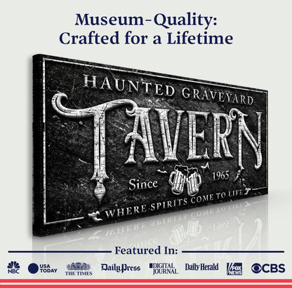 Haunted Graveyard Tavern Halloween Sign II canvas by Tailored Canvases, distressed gothic text on Tampa Home & Garden Store