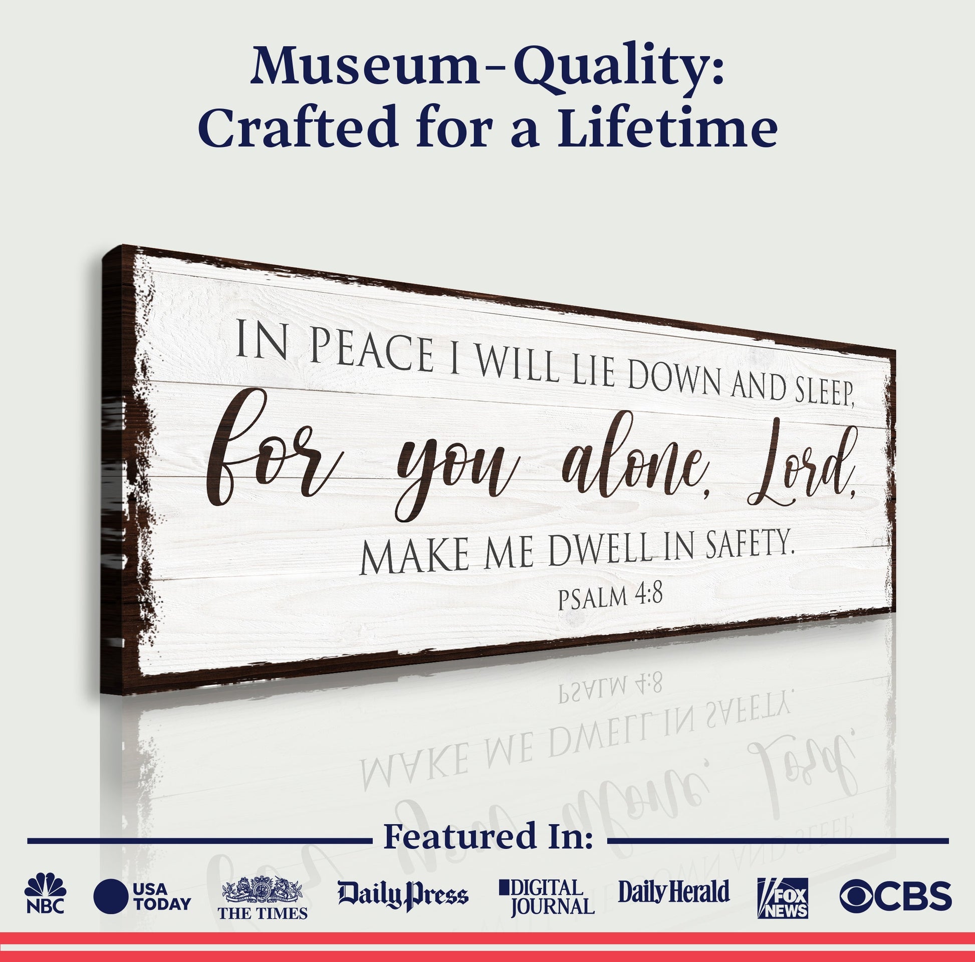 Canvas faith sign by Tailored Canvases featuring Psalm 4:8 on distressed white wood with dark frame on Tampa Home & Garden Store