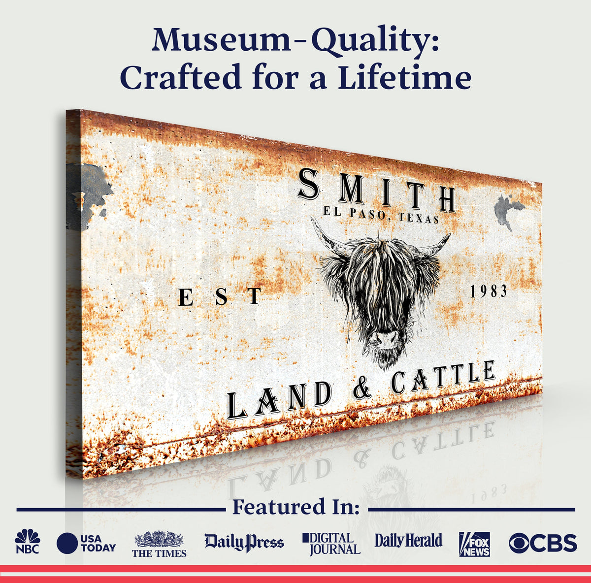 Land And Cattle Rustic Sign III canvas with rusted patina and longhorn illustration on Tampa Home & Garden Store