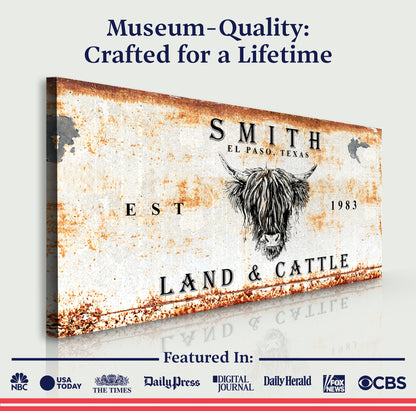 Land And Cattle Rustic Sign III canvas with rusted patina and longhorn illustration on Tampa Home & Garden Store