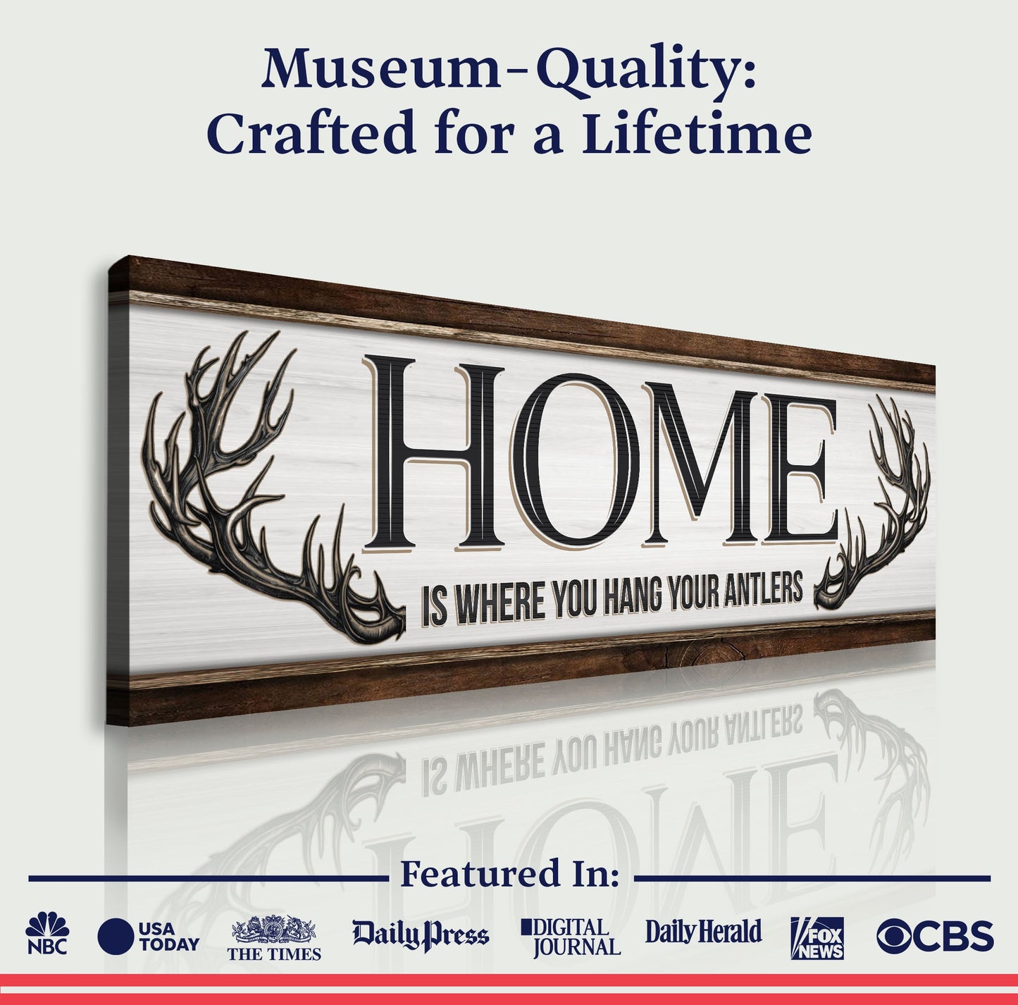 Home Is Where You Hang Your Antlers Sign canvas by Tailored Canvases with rustic wood frame on Tampa Home & Garden Store