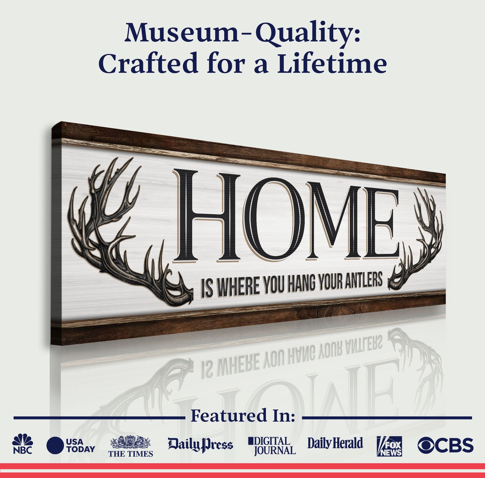 Home Is Where You Hang Your Antlers Sign canvas by Tailored Canvases with rustic wood frame on Tampa Home & Garden Store