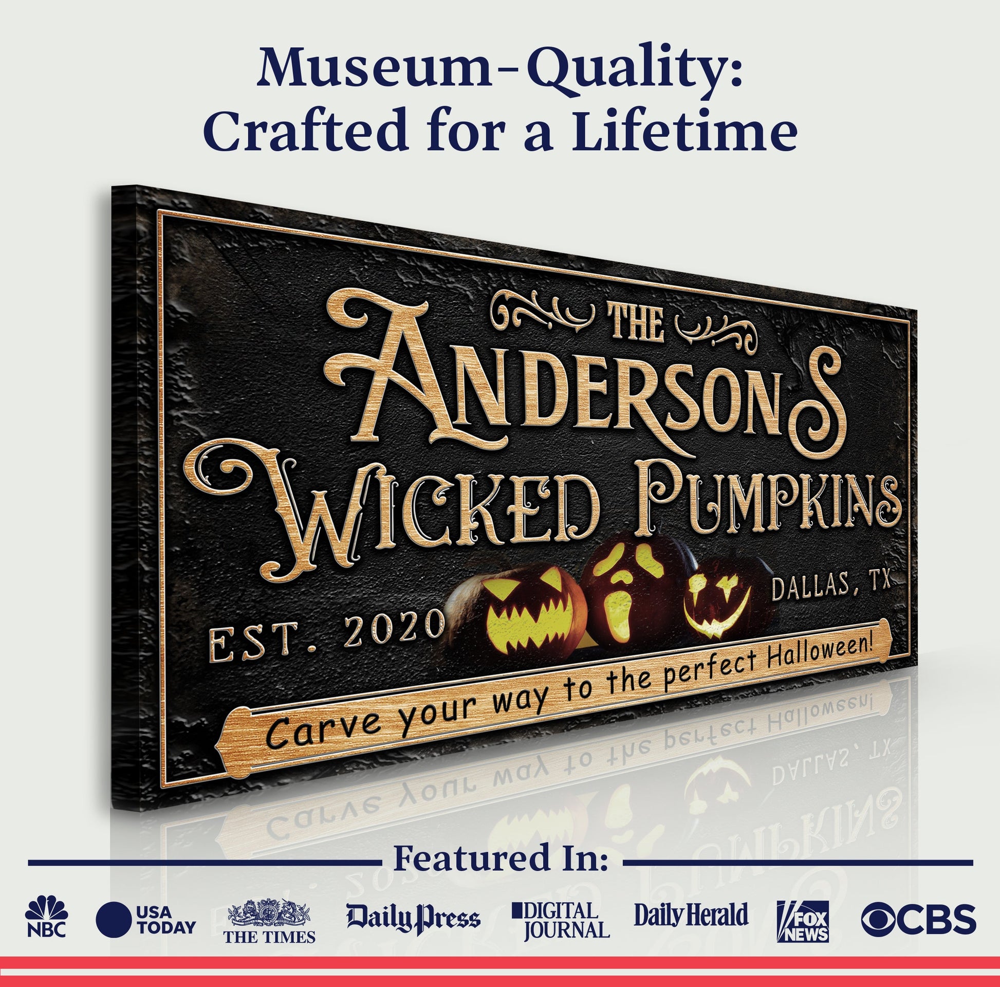 Personalized Wicked Pumpkins Halloween Sign canvas with black background and gold lettering on Tampa Home & Garden Store