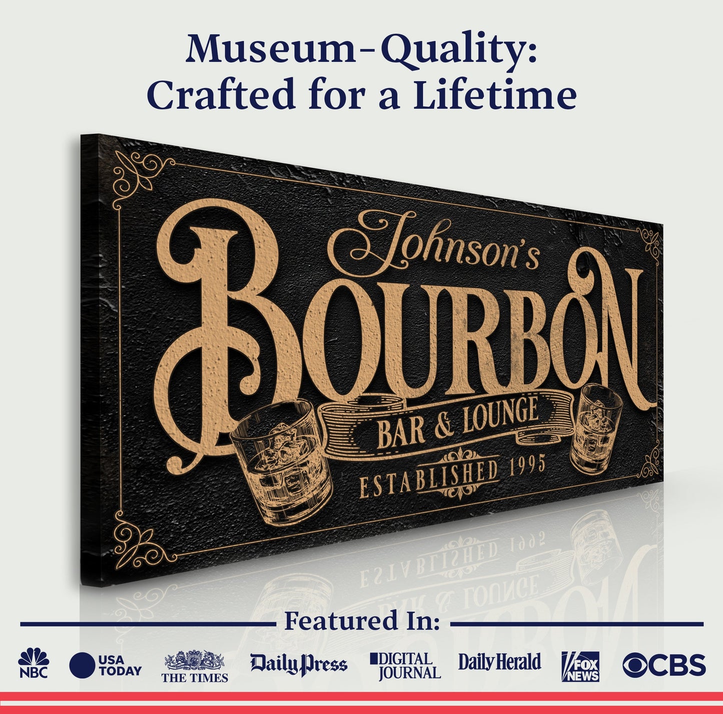 Personalized Bourbon Bar Sign II canvas with black textured background and gold foil lettering on Tampa Home & Garden Store