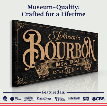 Personalized Bourbon Bar Sign II canvas with black textured background and gold foil lettering on Tampa Home & Garden Store