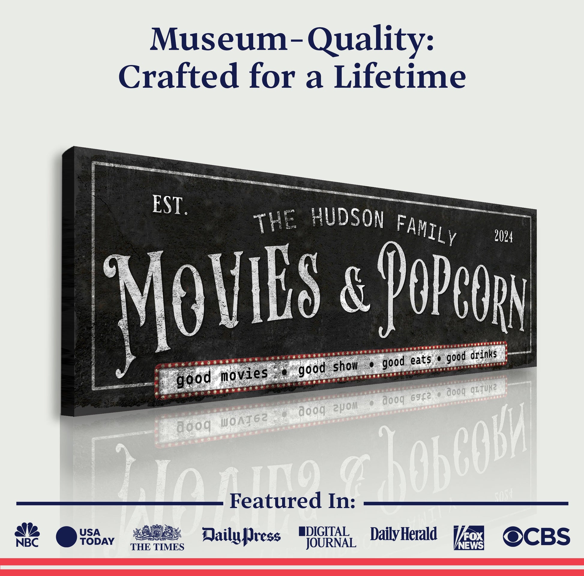 Canvas wall art Personalized Movies & Popcorn Sign II rustic chalkboard style on Tampa Home & Garden Store