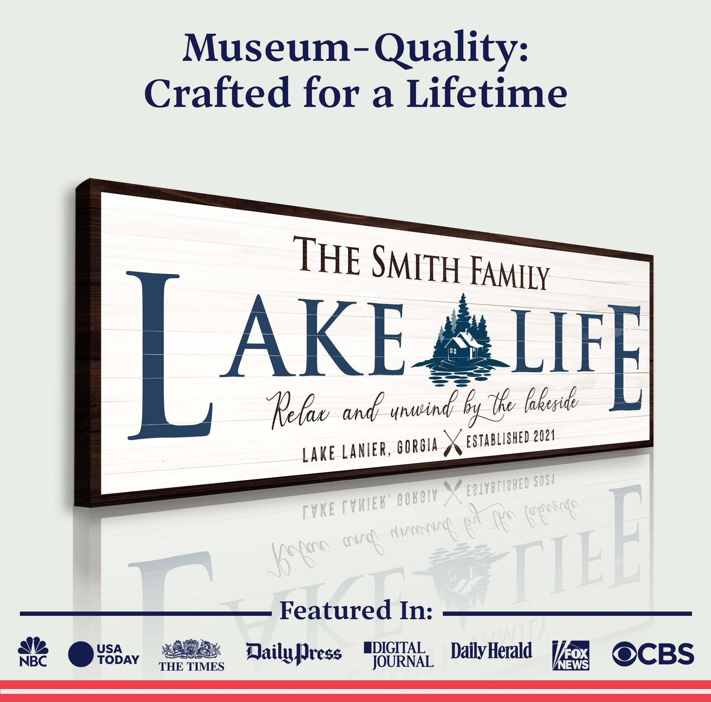 Personalized Lake Life Sign canvas by Tailored Canvases with blue lettering and lakeside cabin on Tampa Home & Garden Store