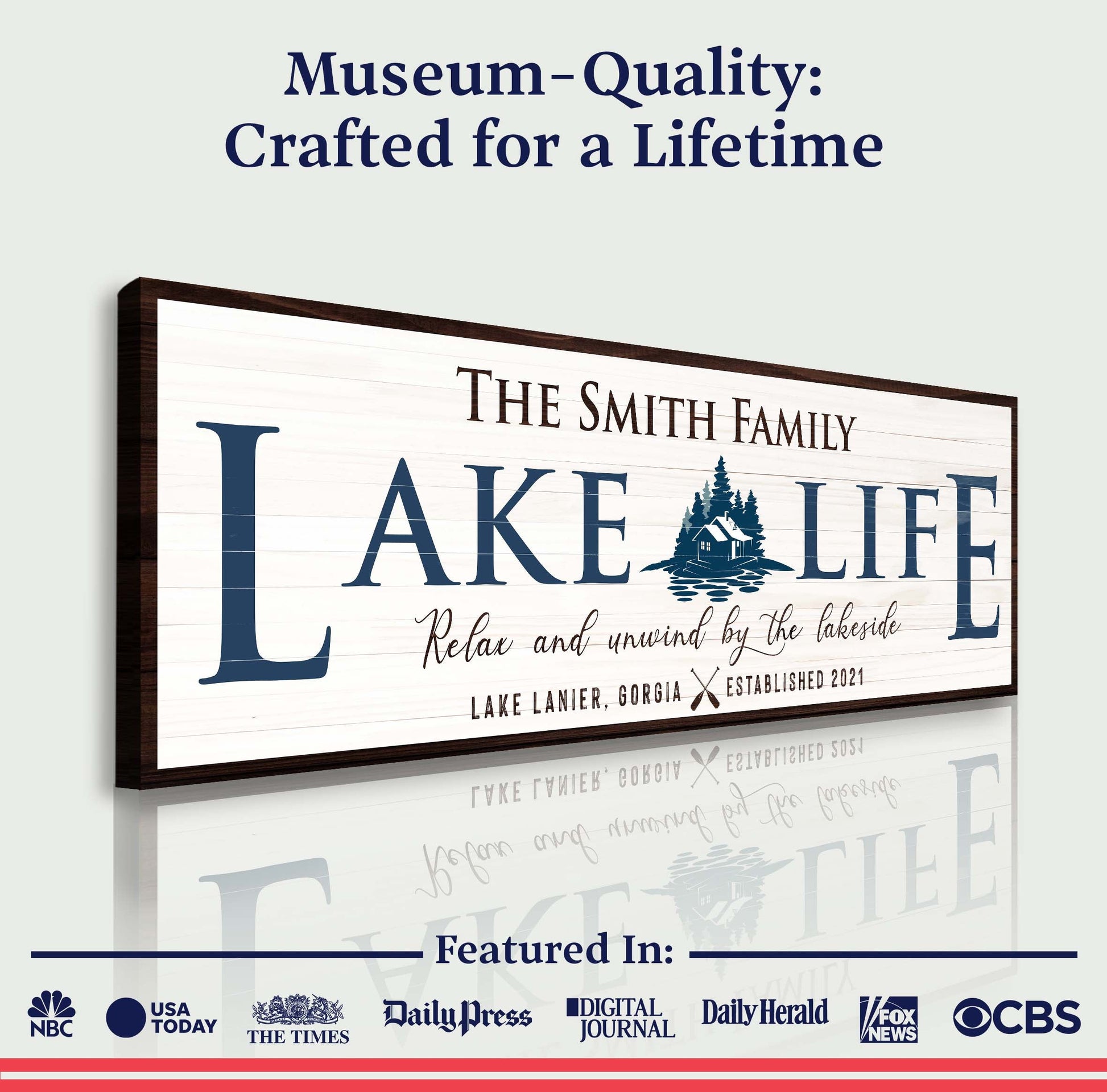 Personalized Lake Life Sign canvas by Tailored Canvases with blue lettering and lakeside cabin on Tampa Home & Garden Store