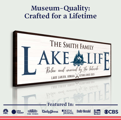 Personalized Lake Life Sign canvas by Tailored Canvases with blue lettering and lakeside cabin on Tampa Home & Garden Store