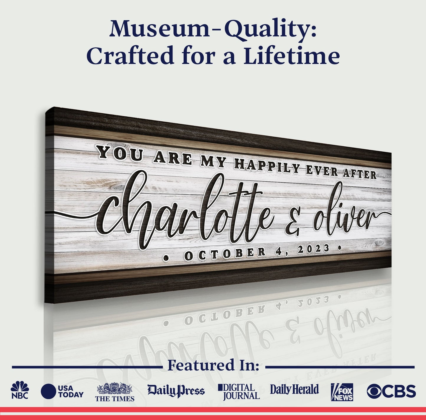 Personalized Happily Ever After Couple Sign II canvas with a wood plank backdrop on Tampa Home & Garden Store