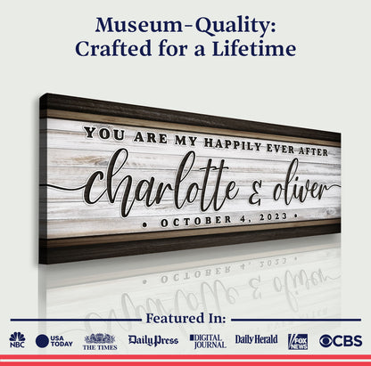 Personalized Happily Ever After Couple Sign II canvas with a wood plank backdrop on Tampa Home & Garden Store