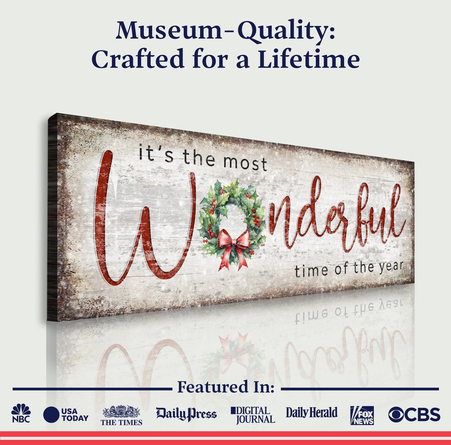 Tailored Canvases Christmas Sign IV canvas with rustic holly wreath and red script words on Tampa Home & Garden Store
