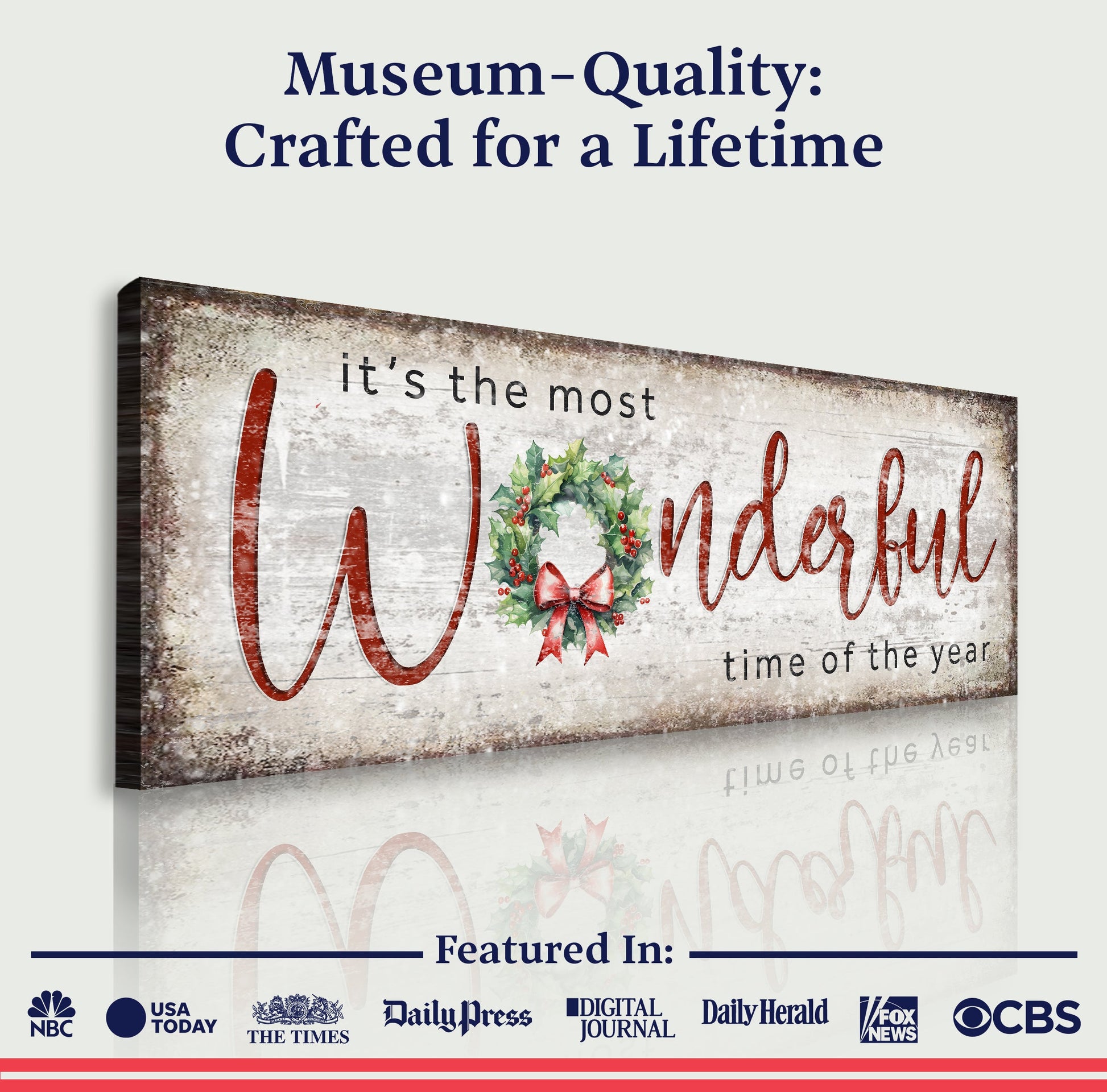 Tailored Canvases Christmas Sign IV canvas with rustic holly wreath and red script words on Tampa Home & Garden Store