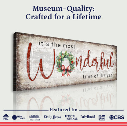 Tailored Canvases Christmas Sign IV canvas with rustic holly wreath and red script words on Tampa Home & Garden Store