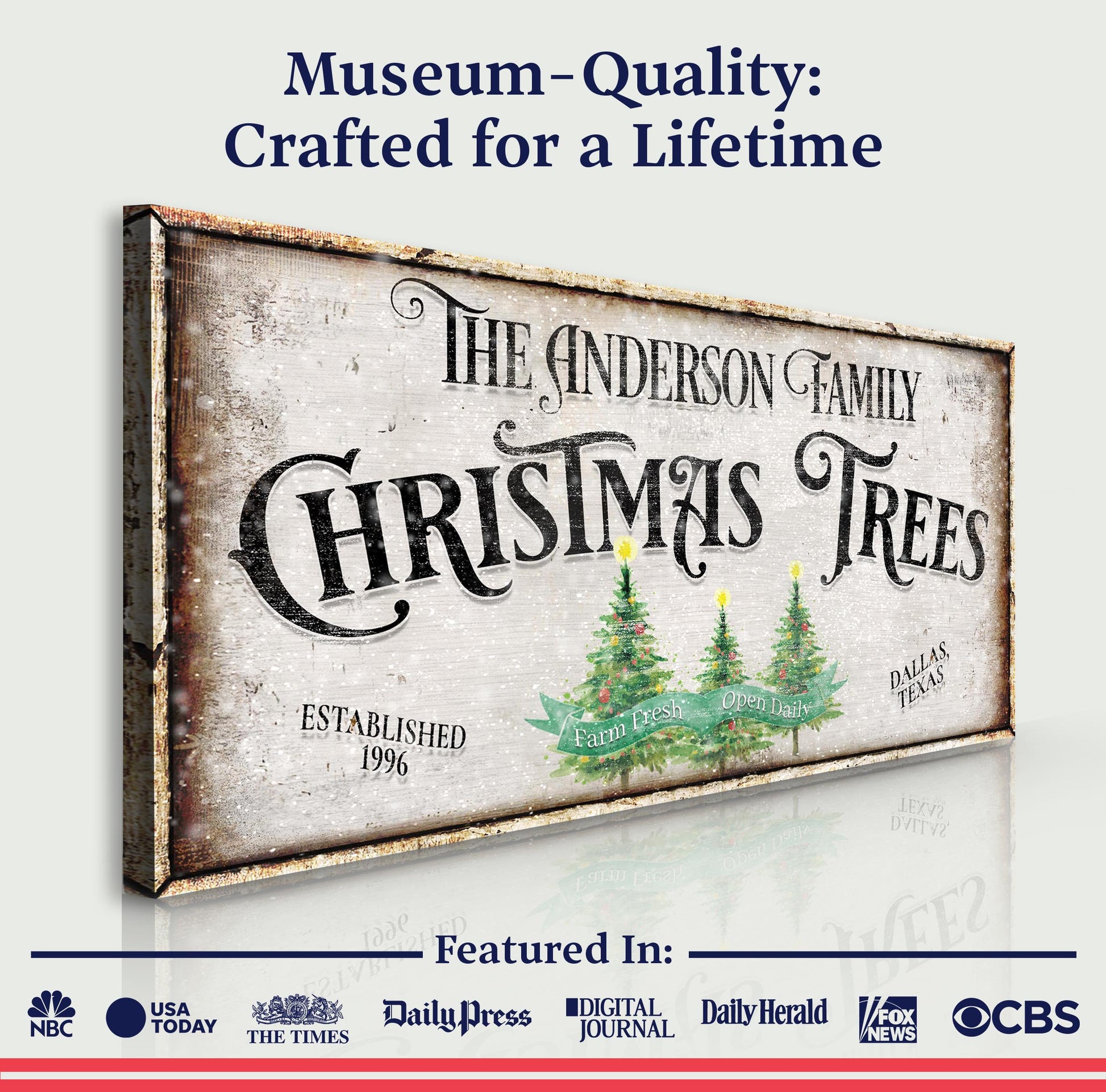 Family Christmas Tree Farm Sign III canvas by Tailored Canvases, distressed sign and trees on Tampa Home & Garden Store