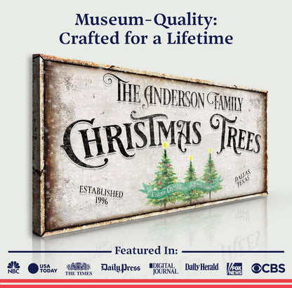 Family Christmas Tree Farm Sign III canvas by Tailored Canvases, distressed sign and trees on Tampa Home & Garden Store