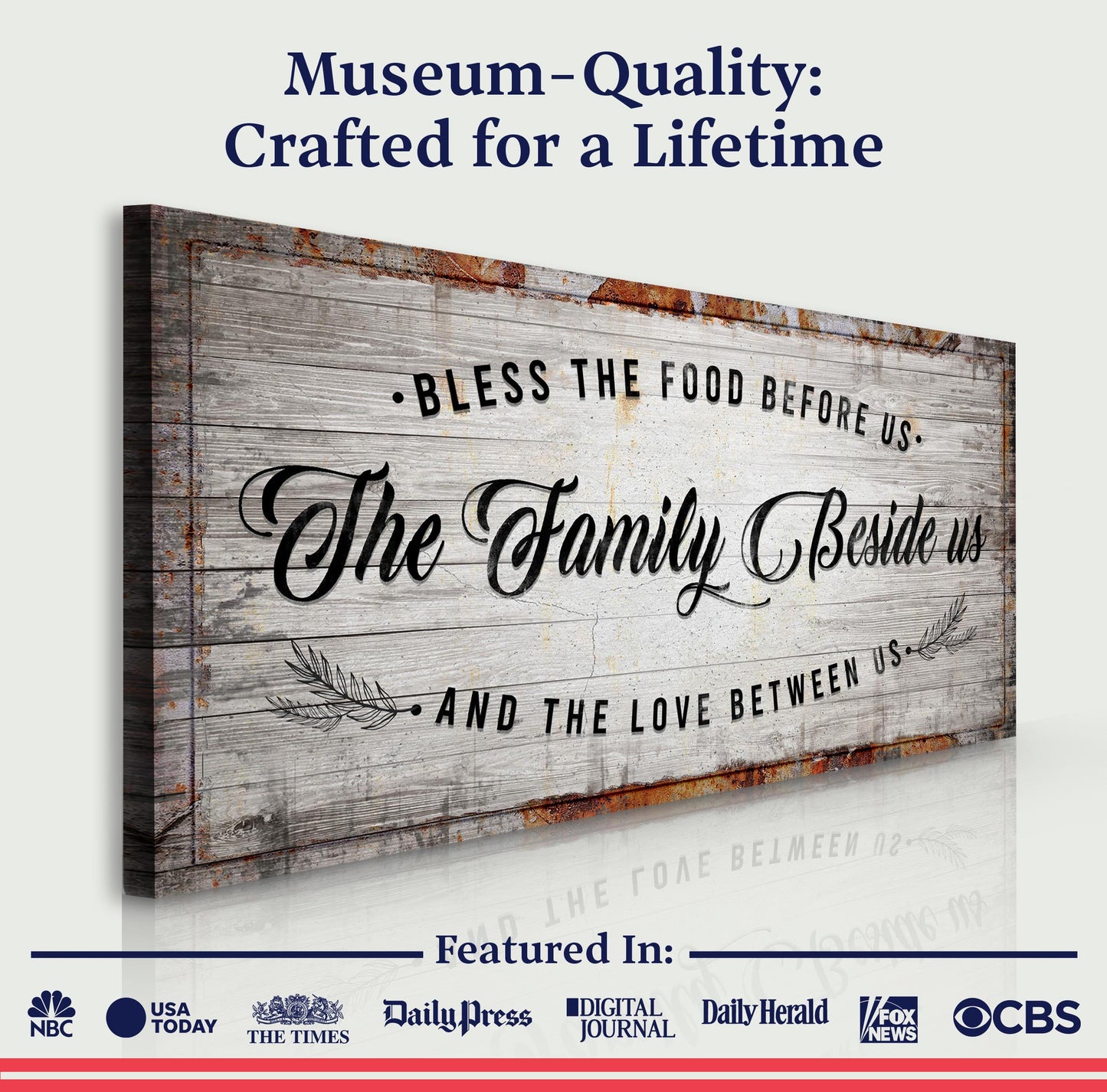 Bless The Food Before Us kitchen sign canvas with rustic weathered wood planks on Tampa Home & Garden Store