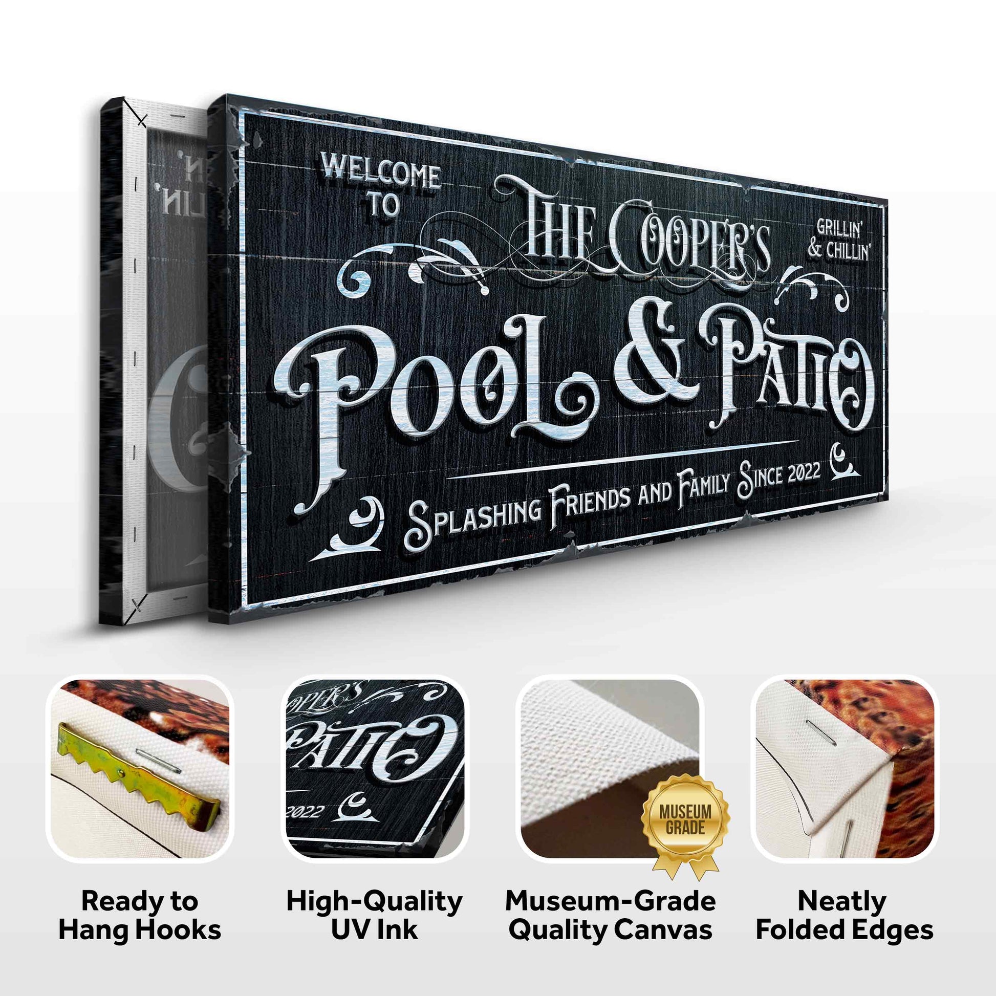 Personalized Pool Sign Canvas in black and white with ornate typography on dark wood on Tampa Home & Garden Store