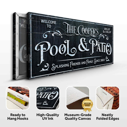 Personalized Pool Sign Canvas in black and white with ornate typography on dark wood on Tampa Home & Garden Store