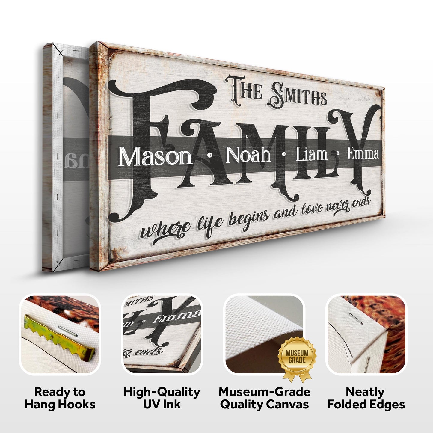 Tailored Canvases Family Sign XXIII canvas with rustic wood frame and vintage script family names on Tampa Home & Garden Store