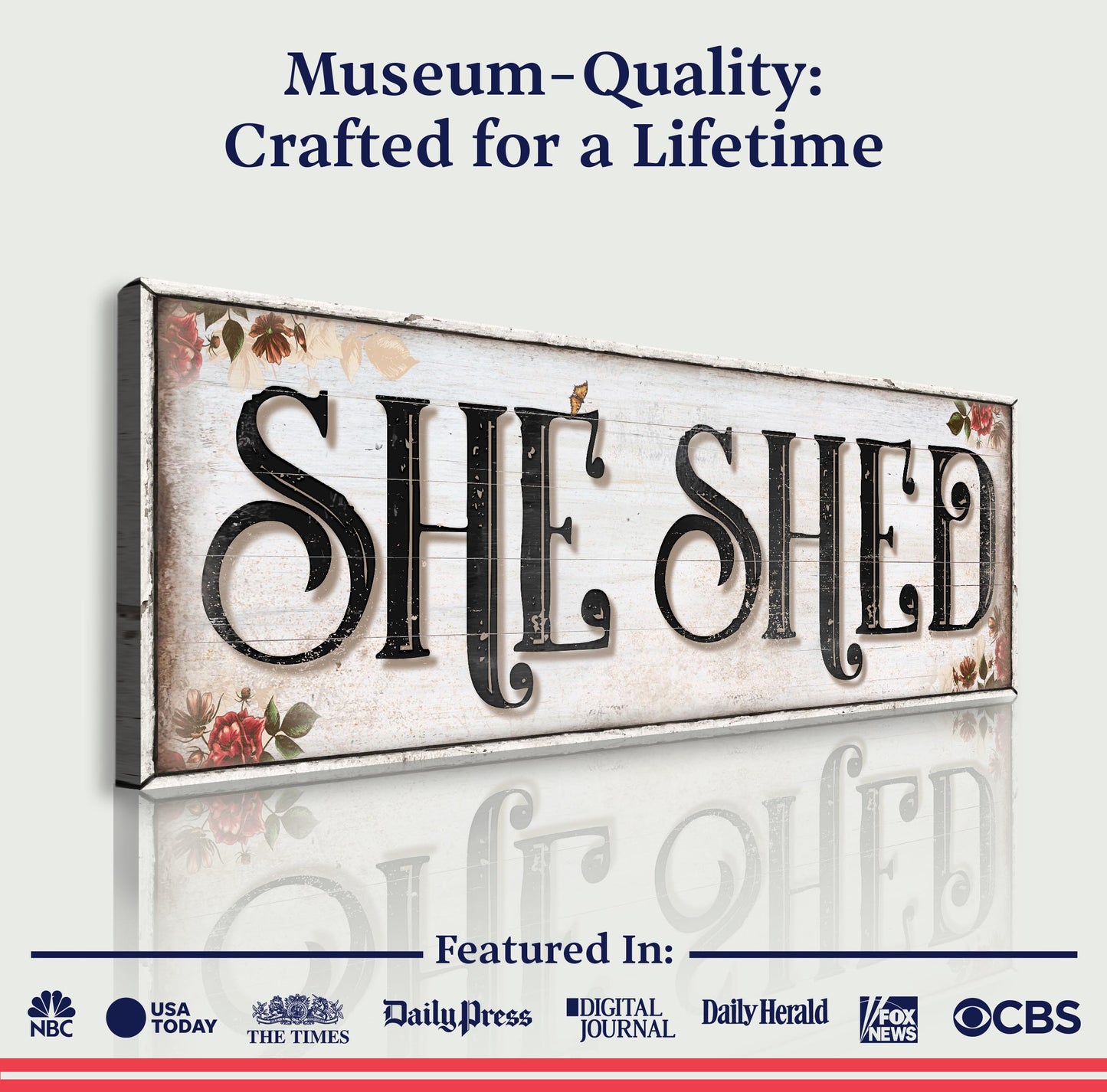 Personalized She Shed Sign XV canvas, white frame, black lettering on Tampa Home & Garden Store
