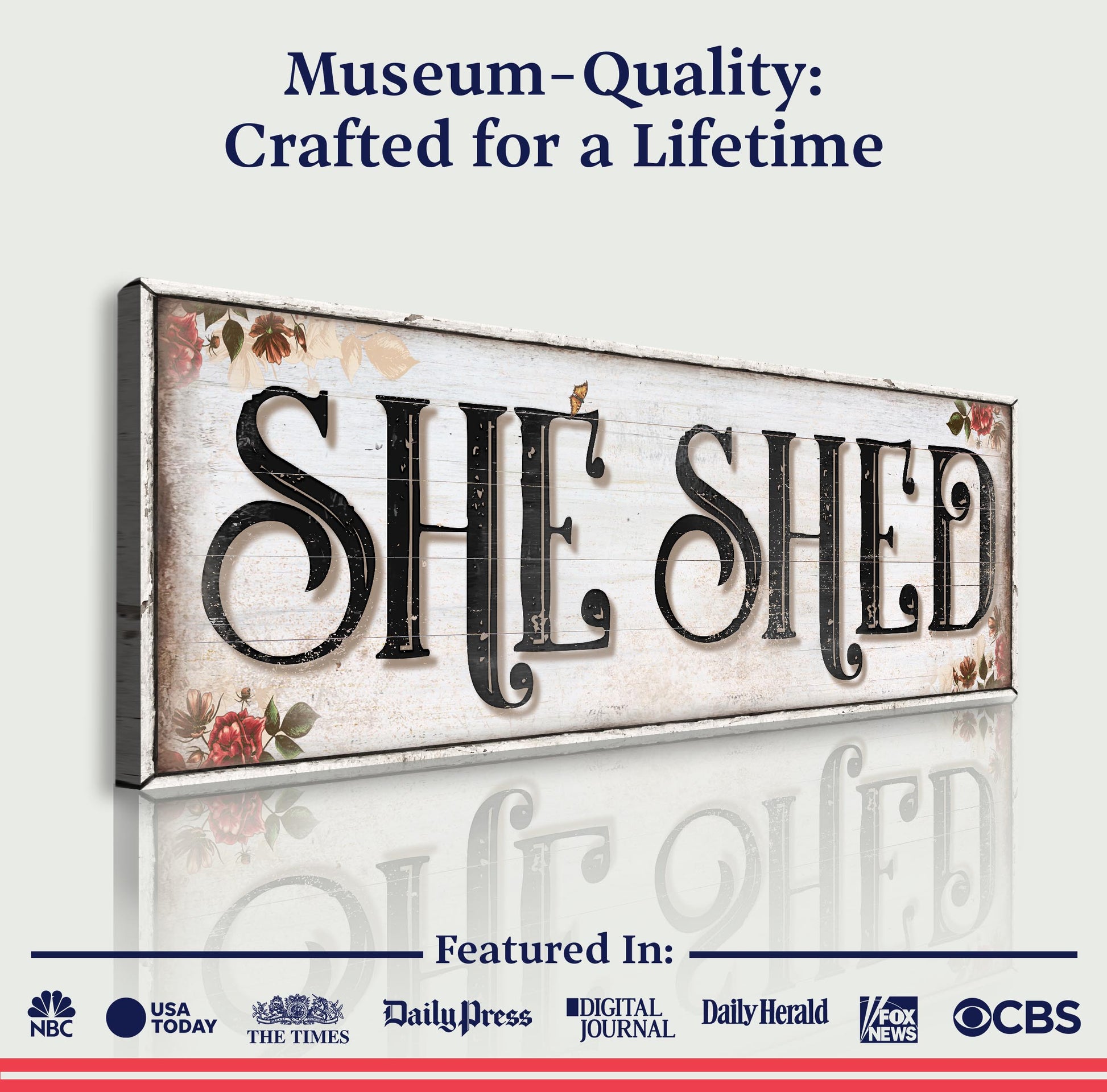Personalized She Shed Sign XV canvas, white frame, black lettering on Tampa Home & Garden Store