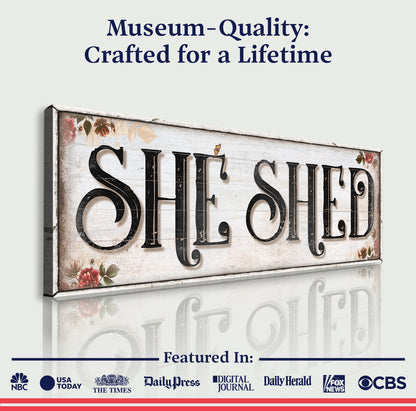 Personalized She Shed Sign XV canvas, white frame, black lettering on Tampa Home & Garden Store