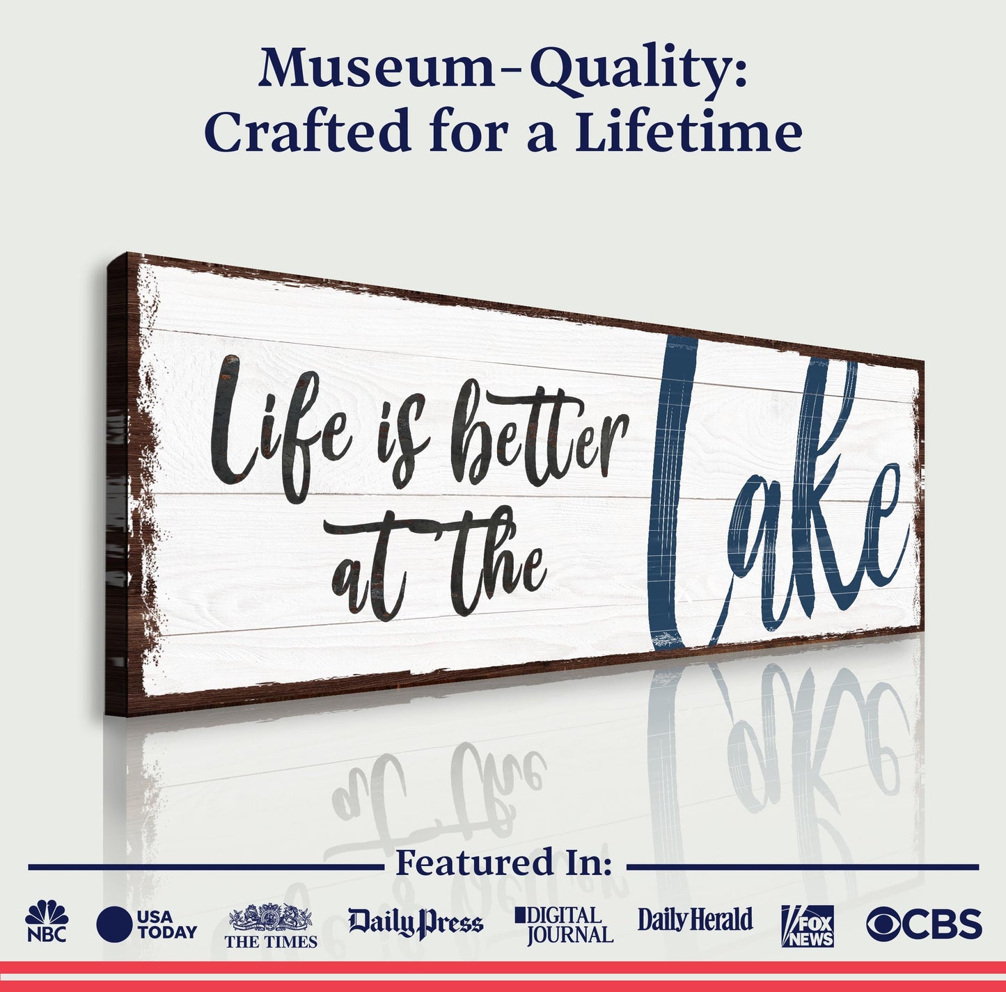 Life Is Better At The Lake II canvas sign by Tailored Canvases with rustic white wood background on Tampa Home & Garden Store