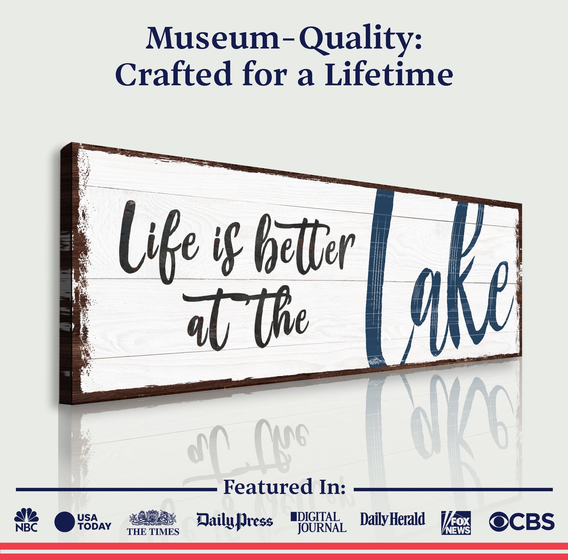 Life Is Better At The Lake II canvas sign by Tailored Canvases with rustic white wood background on Tampa Home & Garden Store