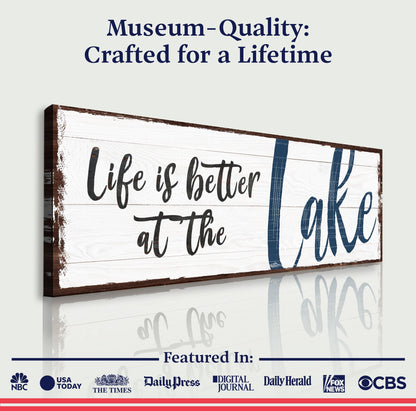 Life Is Better At The Lake II canvas sign by Tailored Canvases with rustic white wood background on Tampa Home & Garden Store