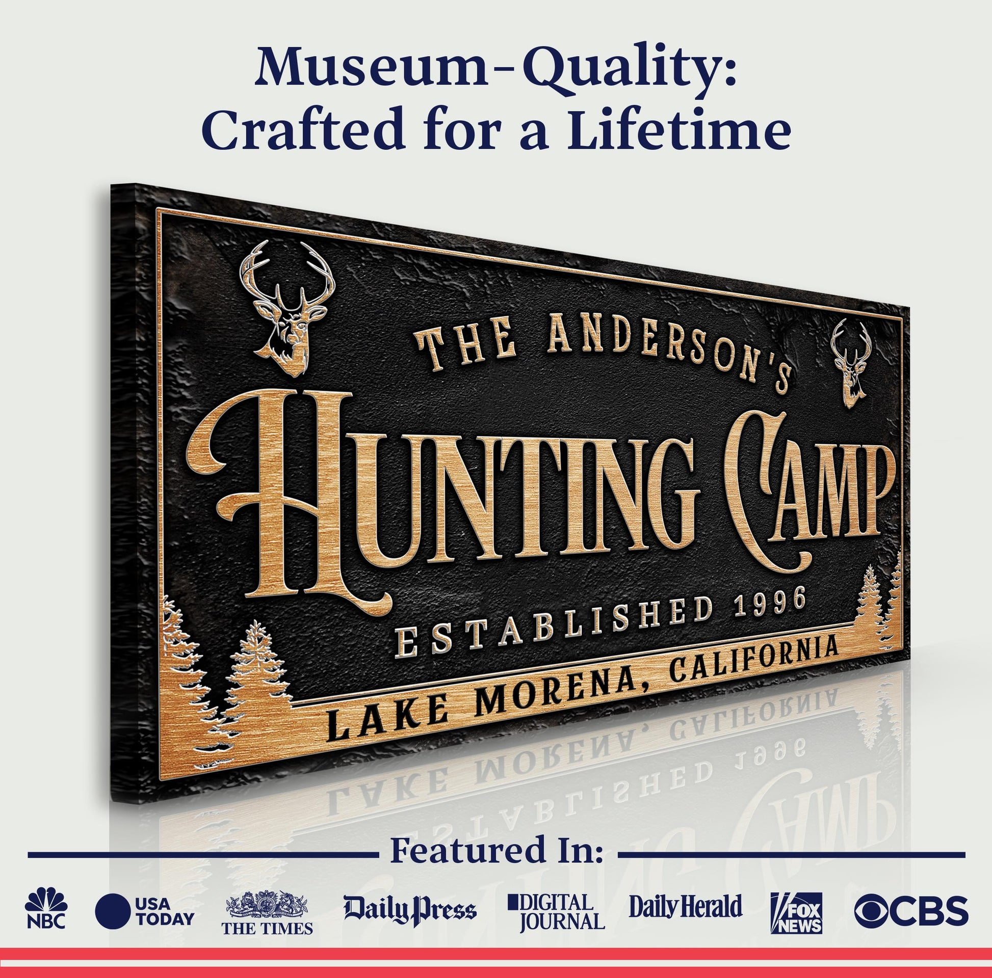 Personalized Family Hunting Camp Sign on canvas with black texture and gold lettering on Tampa Home & Garden Store
